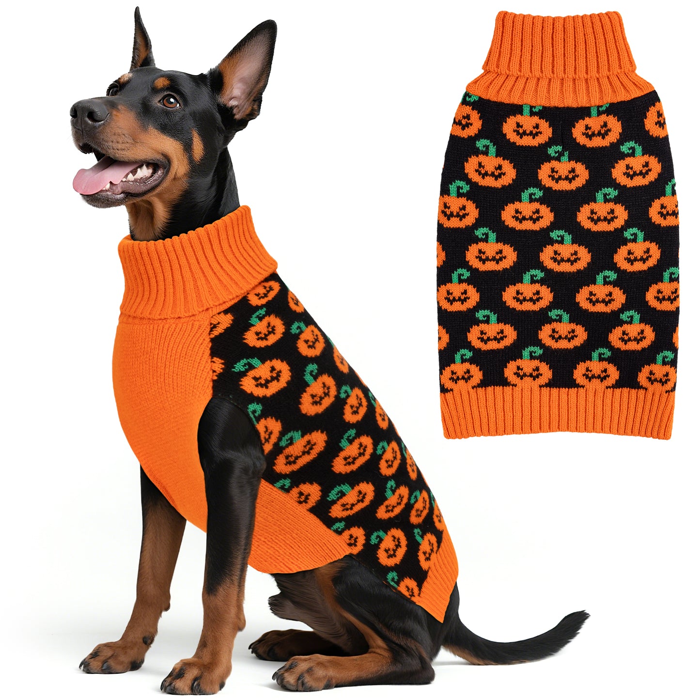 KYEESE Halloween Dog Sweater – Cute Pumpkin Turtleneck Pullover with Leash Hole