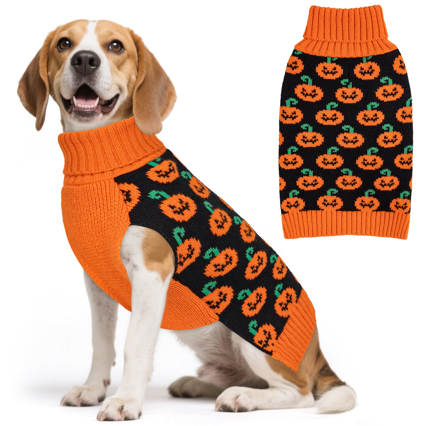KYEESE Halloween Dog Sweater – Cute Pumpkin Turtleneck Pullover with Leash Hole