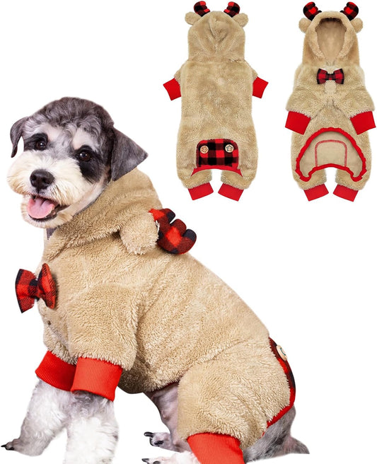 CHRISTMAS DOG PAJAMAS WITH ANTLER HOOD