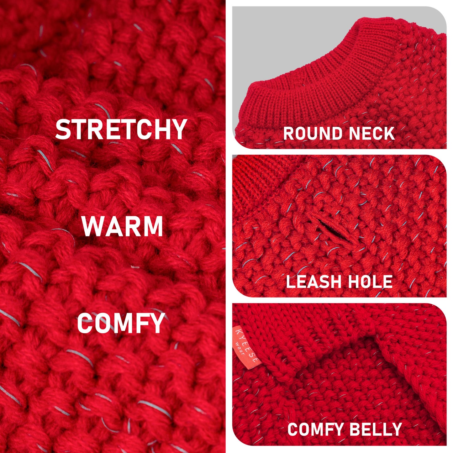 KYEESE Dog Sweater – with Leash Hole & Reflective Yarn, Thick Warm Pullover