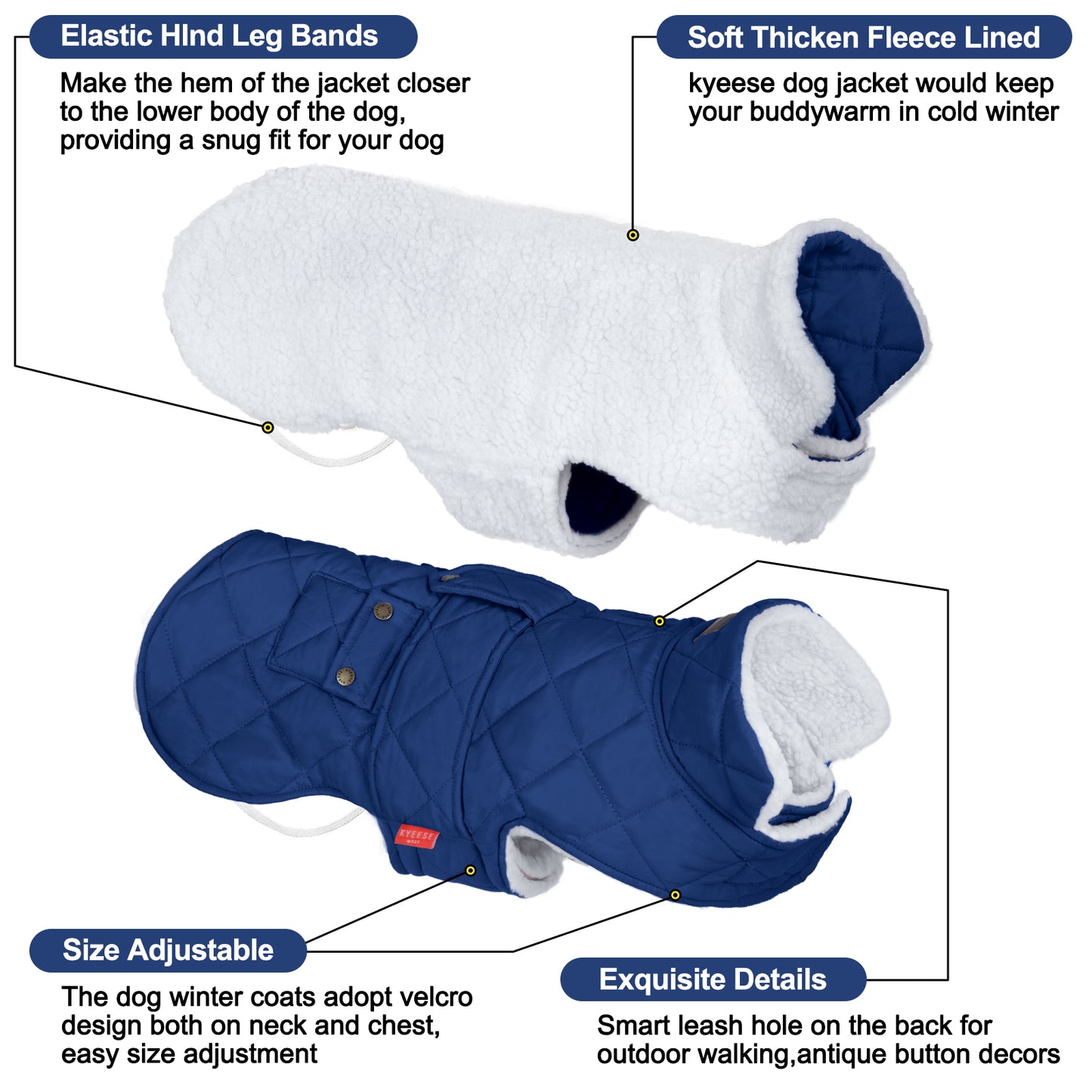 KYEESE Dog Coat-Pet Winter Coat with Leash Hole Thick Cat Clothes with Pocket Windproof Dog Jacket