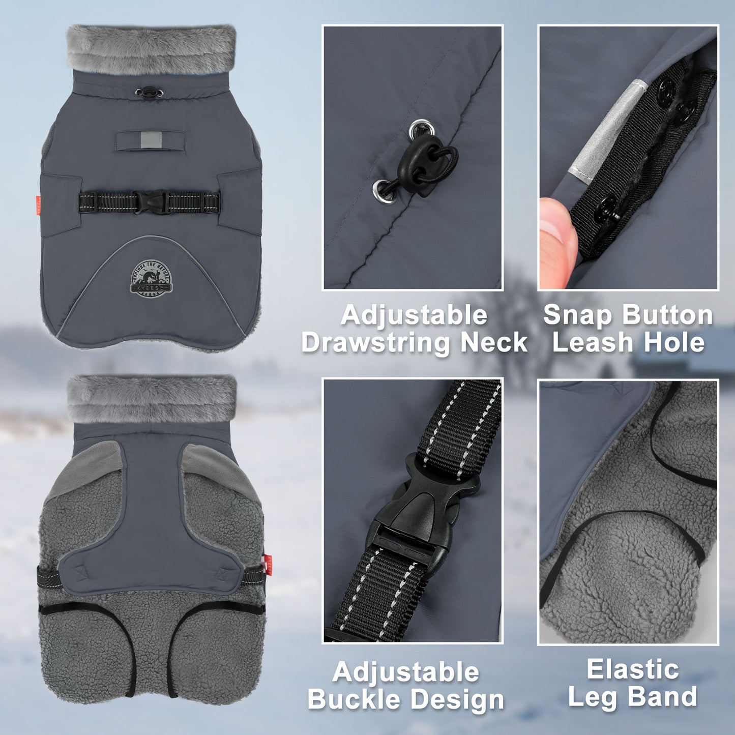 KYEESE Dog Coat-Windproof Warm Winter Jacket with Leash Hole ReflectiveThick Fleece Lined