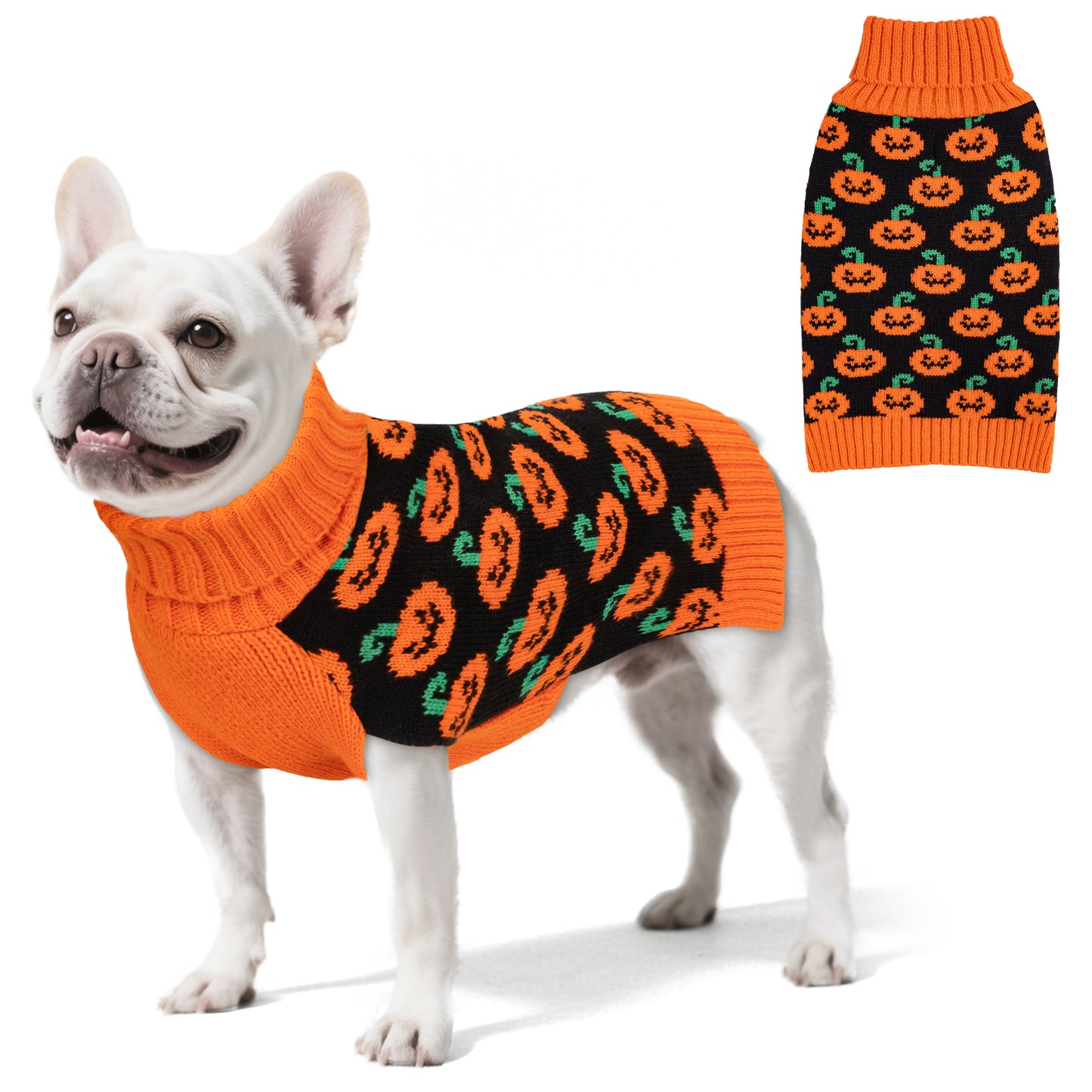 KYEESE Halloween Dog Sweater – Cute Pumpkin Turtleneck Pullover with Leash Hole