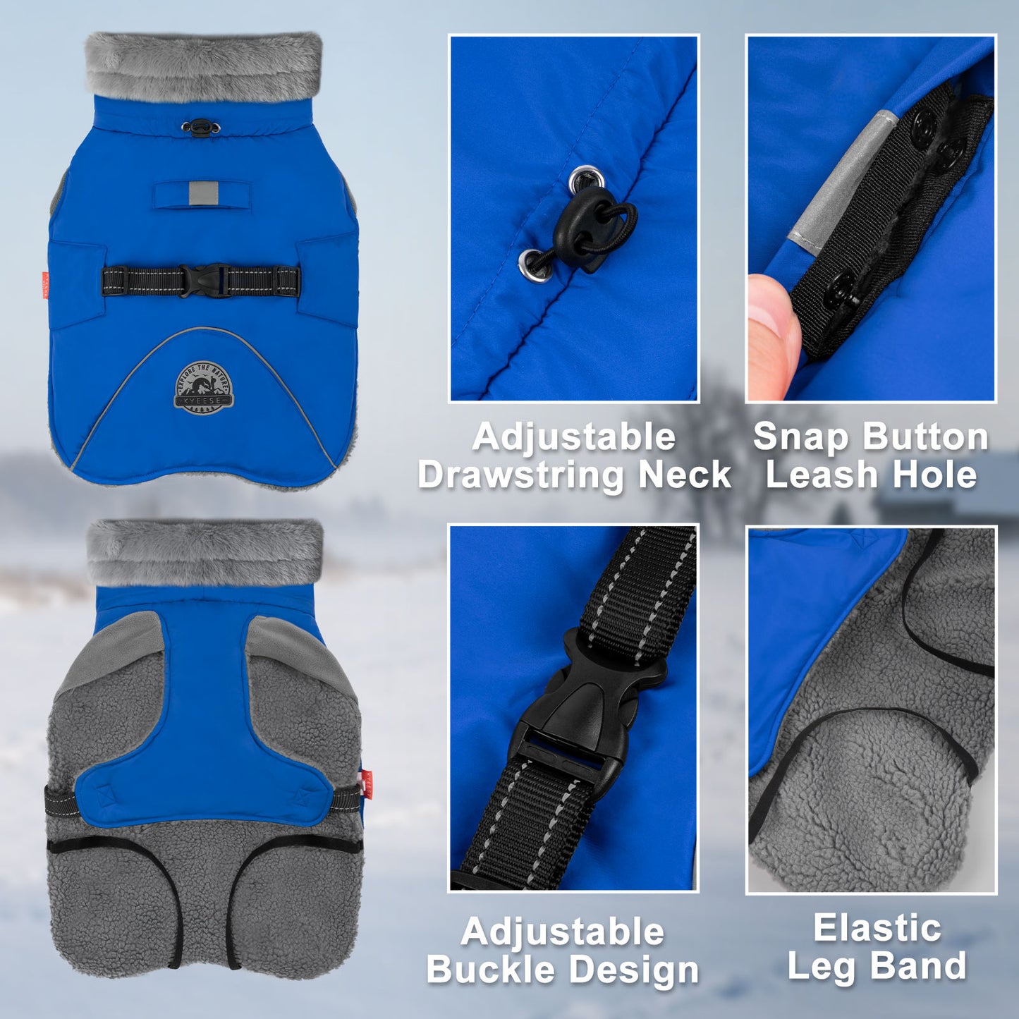 KYEESE Dog Coat-Windproof Warm Winter Jacket with Leash Hole ReflectiveThick Fleece Lined