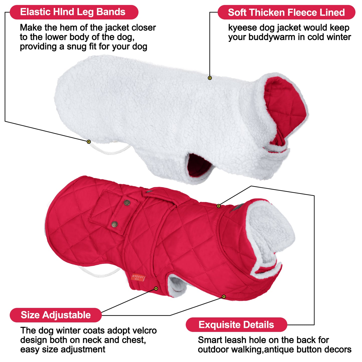 KYEESE Dog Coat-Pet Winter Coat with Leash Hole Thick Cat Clothes with Pocket Windproof Dog Jacket