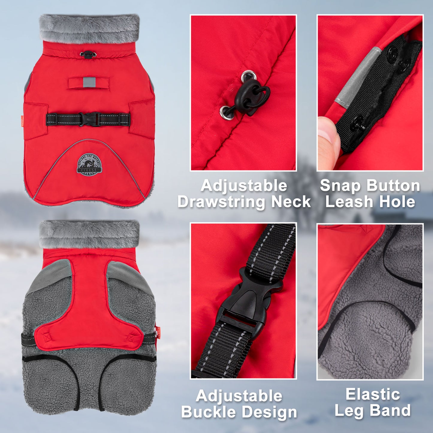 KYEESE Dog Coat-Windproof Warm Winter Jacket with Leash Hole ReflectiveThick Fleece Lined