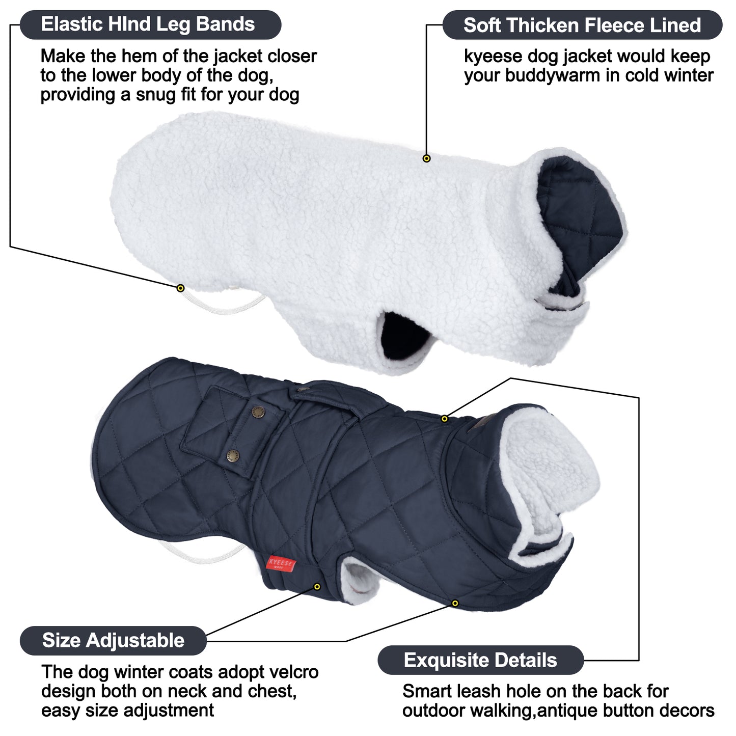 KYEESE Dog Coat-Pet Winter Coat with Leash Hole Thick Cat Clothes with Pocket Windproof Dog Jacket