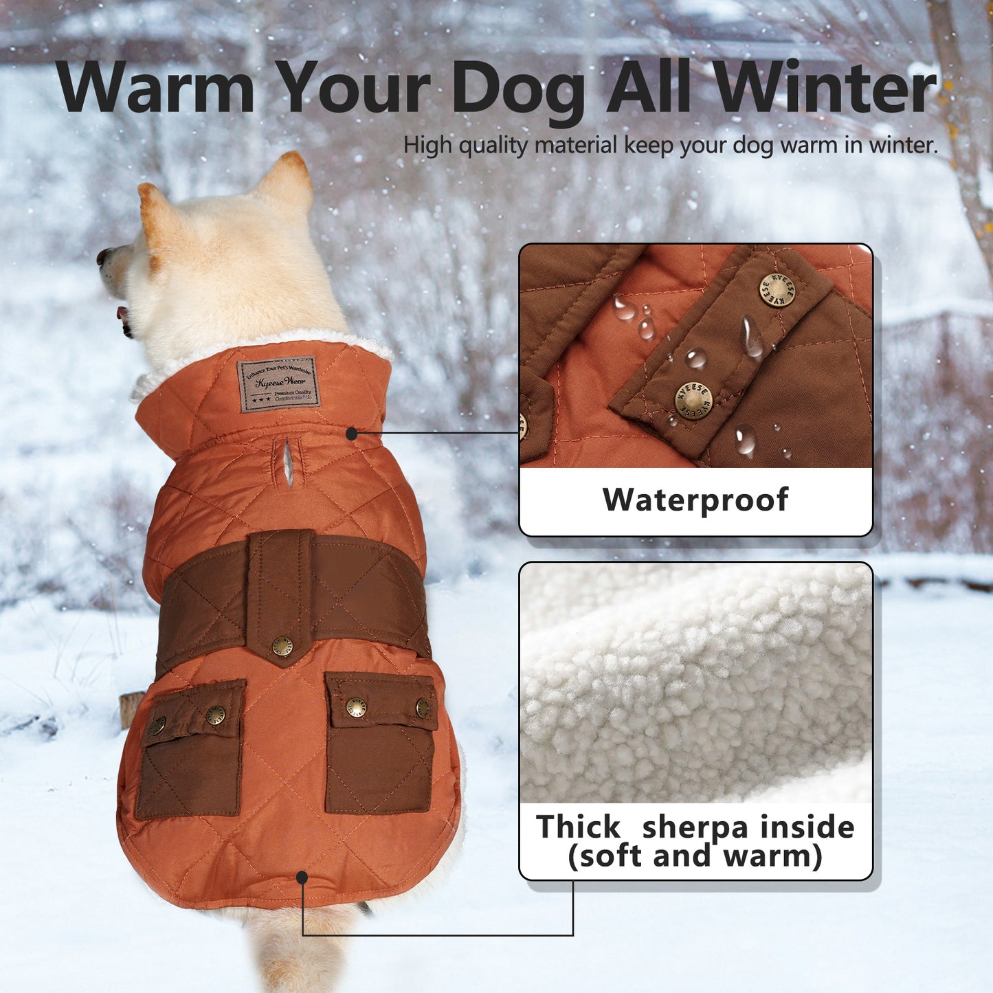 KYEESE Dog Coat-Pet Winter Coat with Leash Hole Thick Cat Clothes with Pocket Windproof Dog Jacket