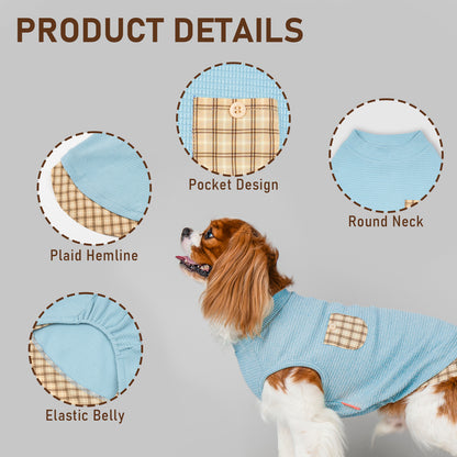 KYEESE Waffle Dog Shirts-with Pocket Decorations and Plaid Patchwork