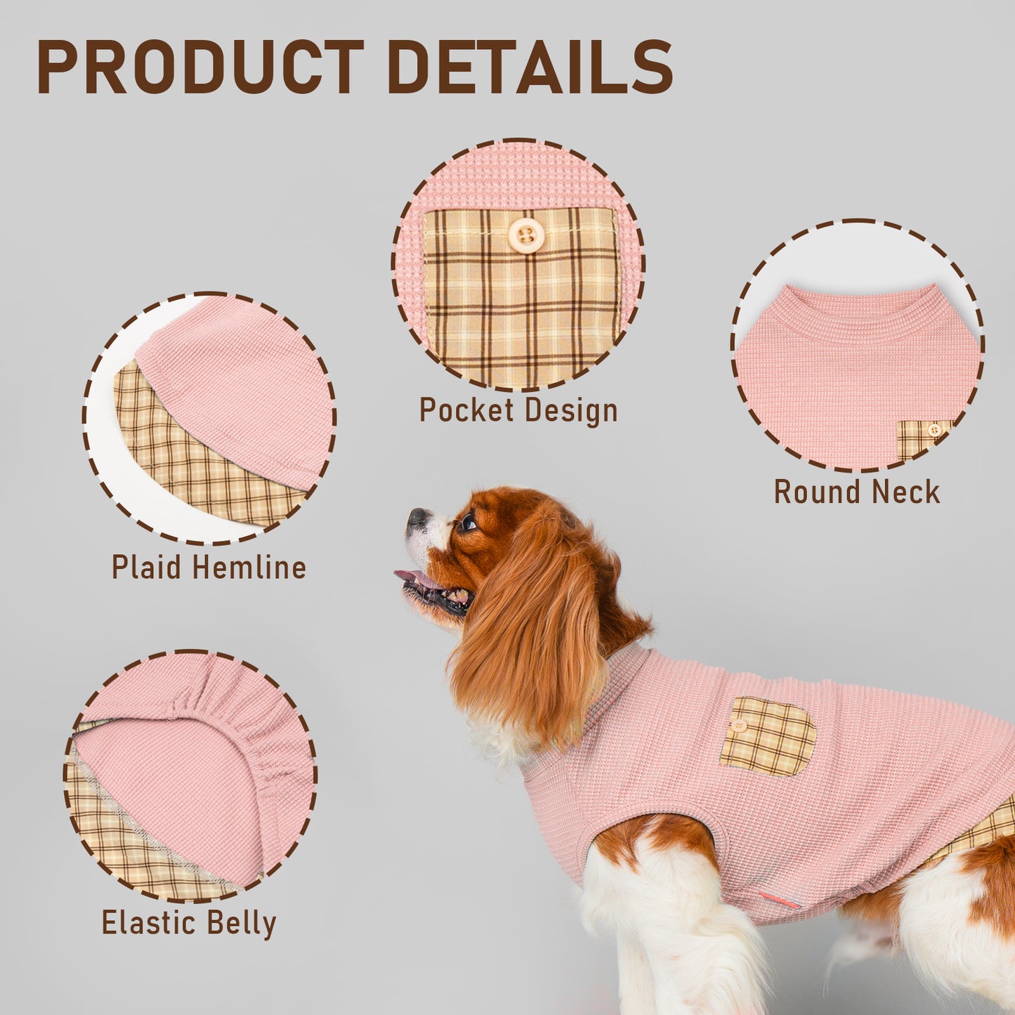 KYEESE Waffle Dog Shirts-with Pocket Decorations and Plaid Patchwork