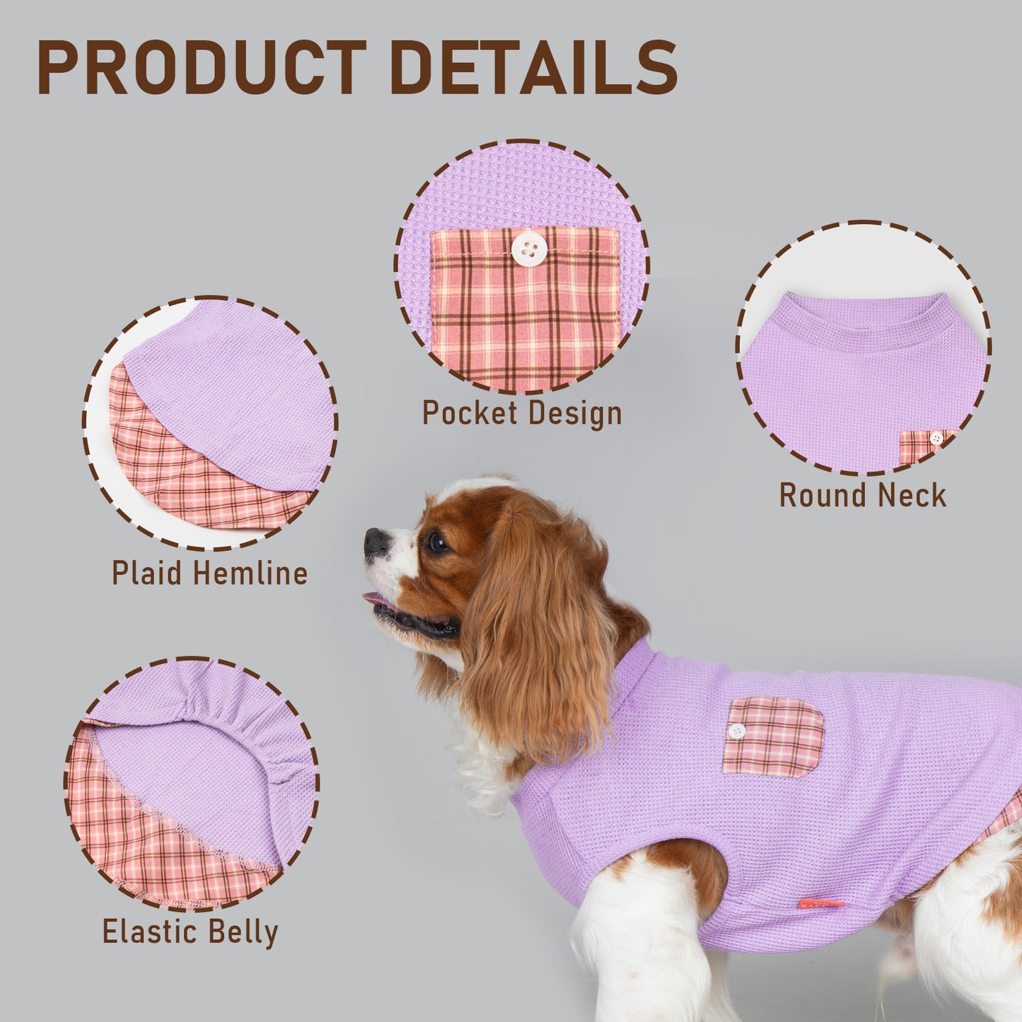 KYEESE Waffle Dog Shirts-with Pocket Decorations and Plaid Patchwork