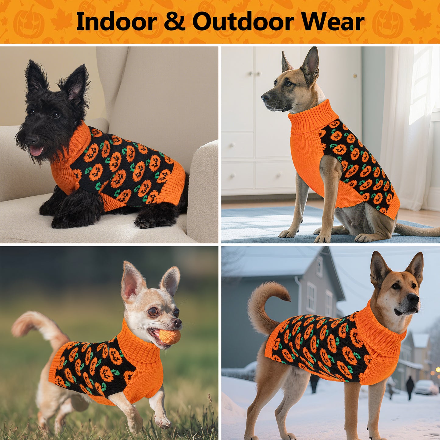 KYEESE Halloween Dog Sweater – Cute Pumpkin Turtleneck Pullover with Leash Hole