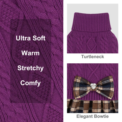 KYEESE Dog Sweater – Knitwear Dog Sweater Dress with Bowtie, Stretchy Thick Warm & Preppy Style