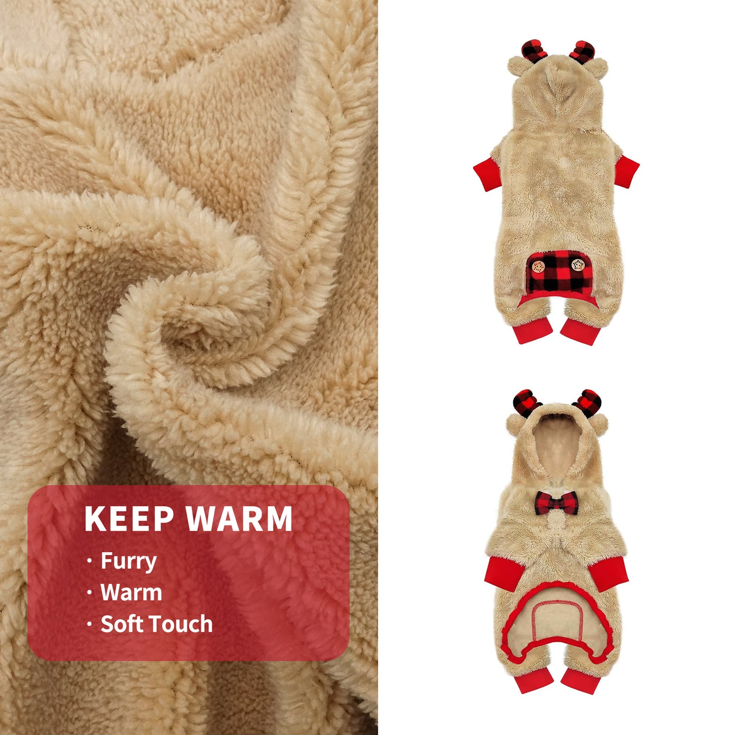 CHRISTMAS DOG PAJAMAS WITH ANTLER HOOD