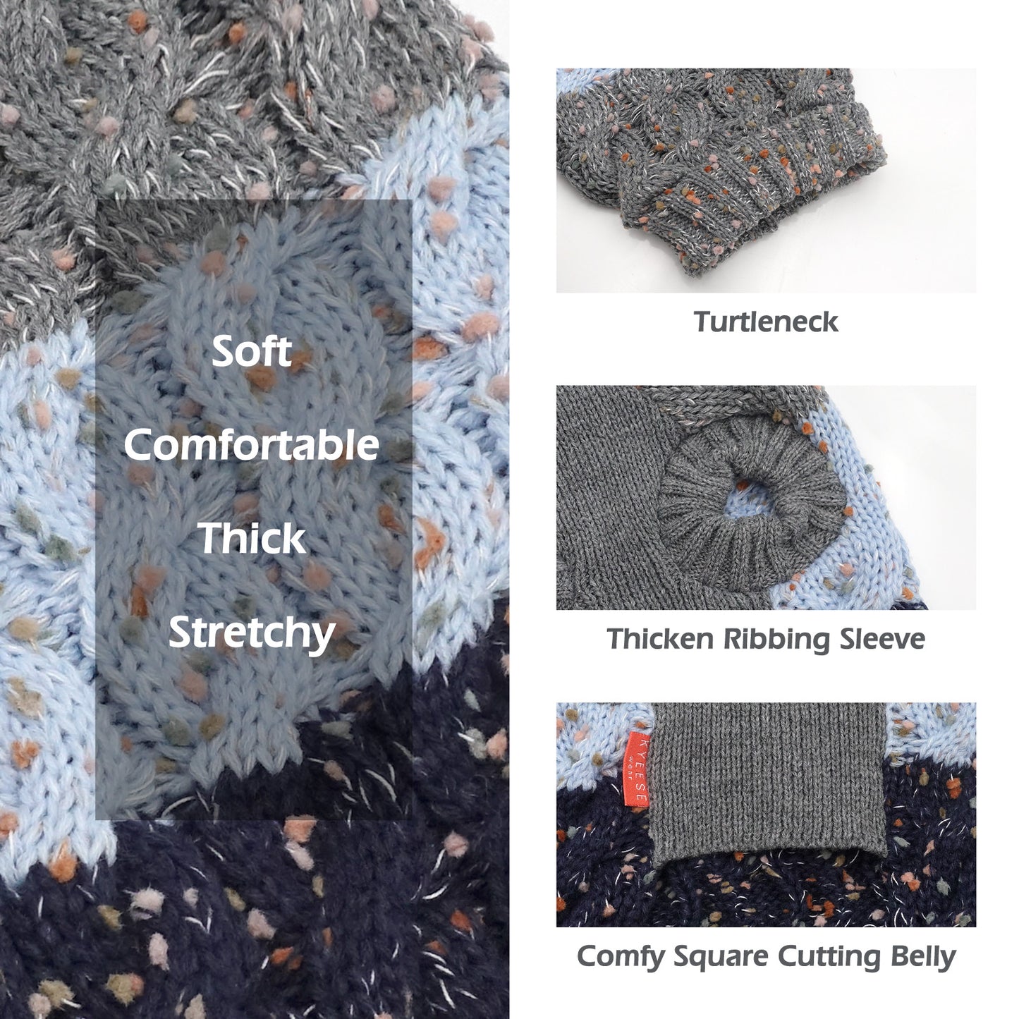 KYEESE Dog Sweaters-Color Block Fuzzy Thread Knitted Turtleneck Fall Winter Dog Sweater
