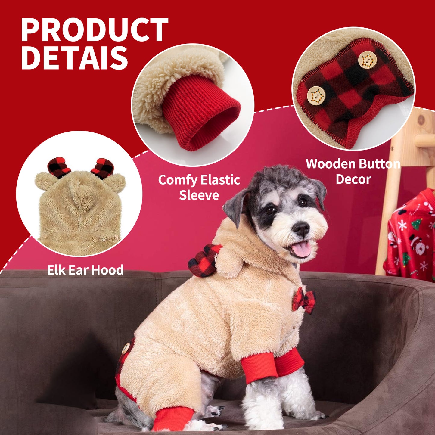 CHRISTMAS DOG PAJAMAS WITH ANTLER HOOD