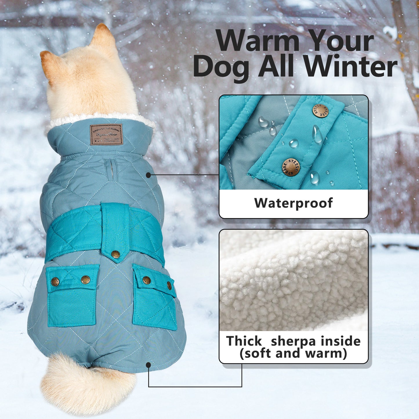 KYEESE Dog Coat-Pet Winter Coat with Leash Hole Thick Cat Clothes with Pocket Windproof Dog Jacket