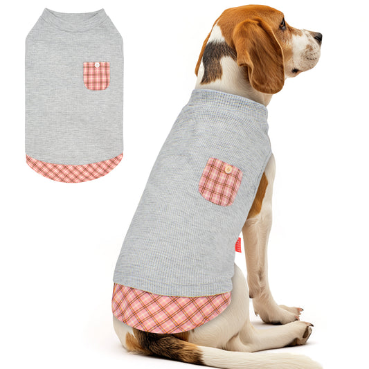 KYEESE Waffle Dog Shirts-with Pocket Decorations and Plaid Patchwork