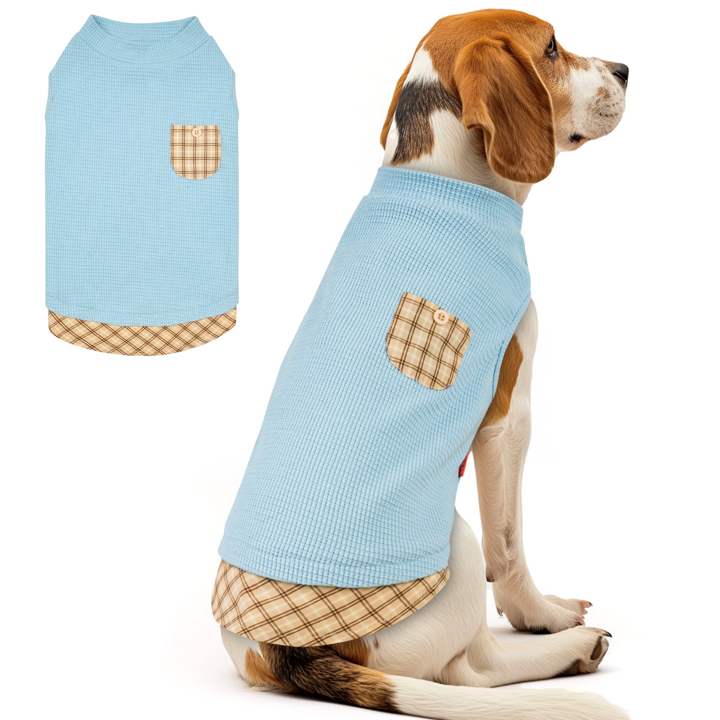 KYEESE Waffle Dog Shirts-with Pocket Decorations and Plaid Patchwork