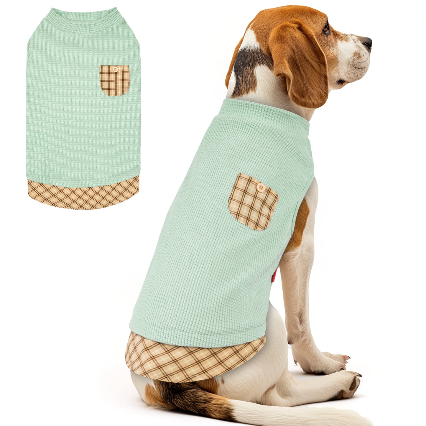 KYEESE Waffle Dog Shirts-with Pocket Decorations and Plaid Patchwork