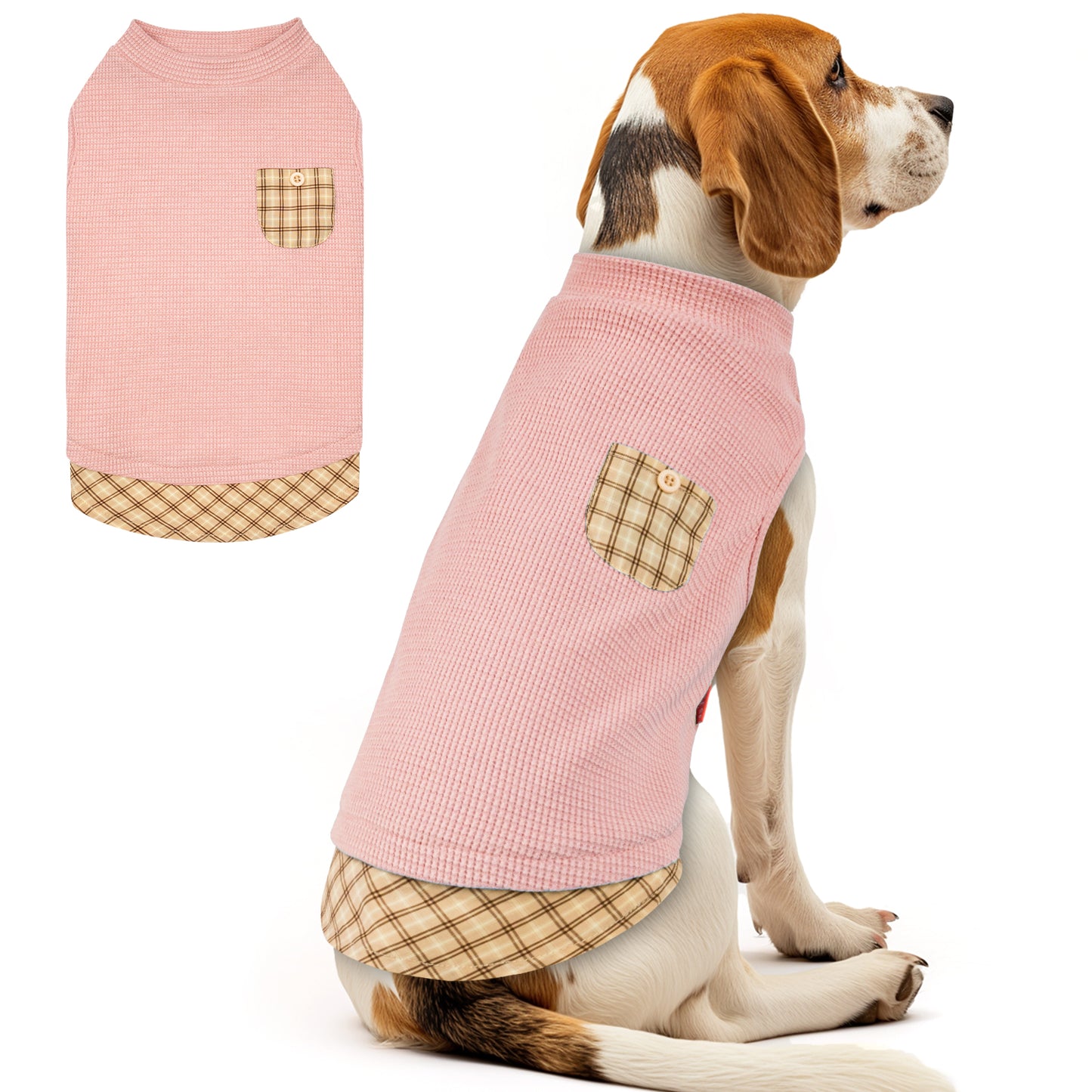 KYEESE Waffle Dog Shirts-with Pocket Decorations and Plaid Patchwork
