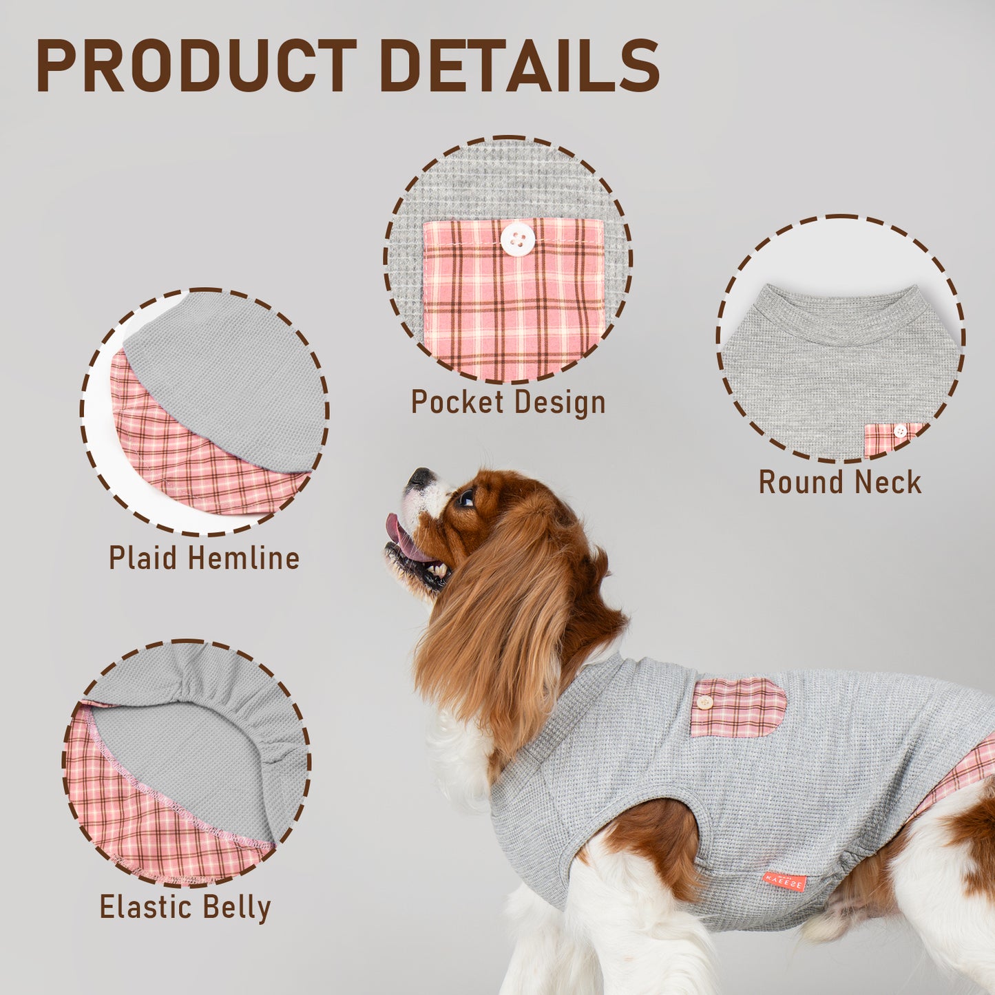 KYEESE Waffle Dog Shirts-with Pocket Decorations and Plaid Patchwork