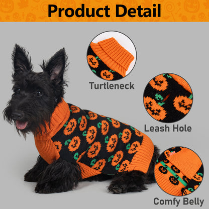 KYEESE Halloween Dog Sweater – Cute Pumpkin Turtleneck Pullover with Leash Hole