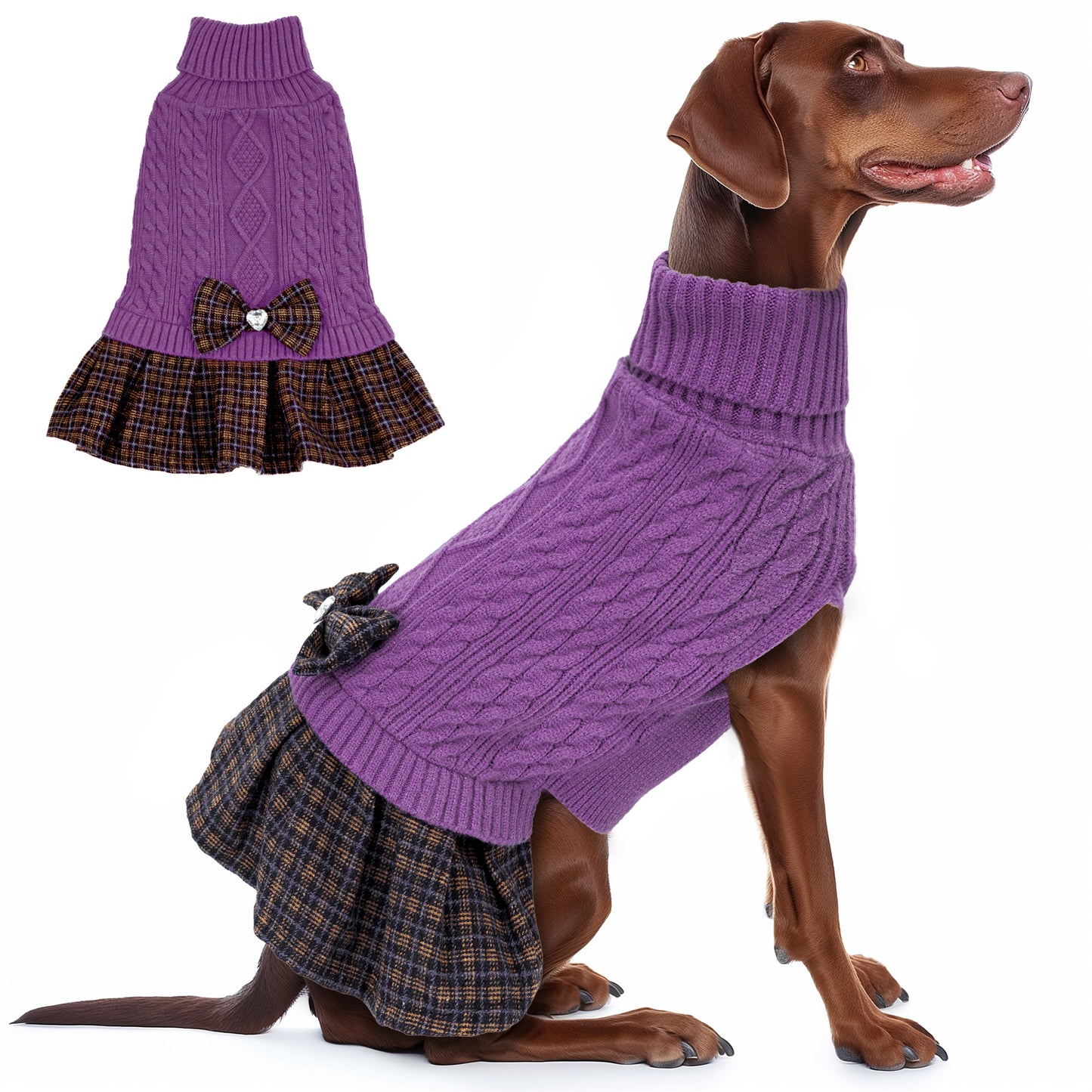 KYEESE Dog Sweater – Knitwear Dog Sweater Dress with Bowtie, Stretchy Thick Warm & Preppy Style