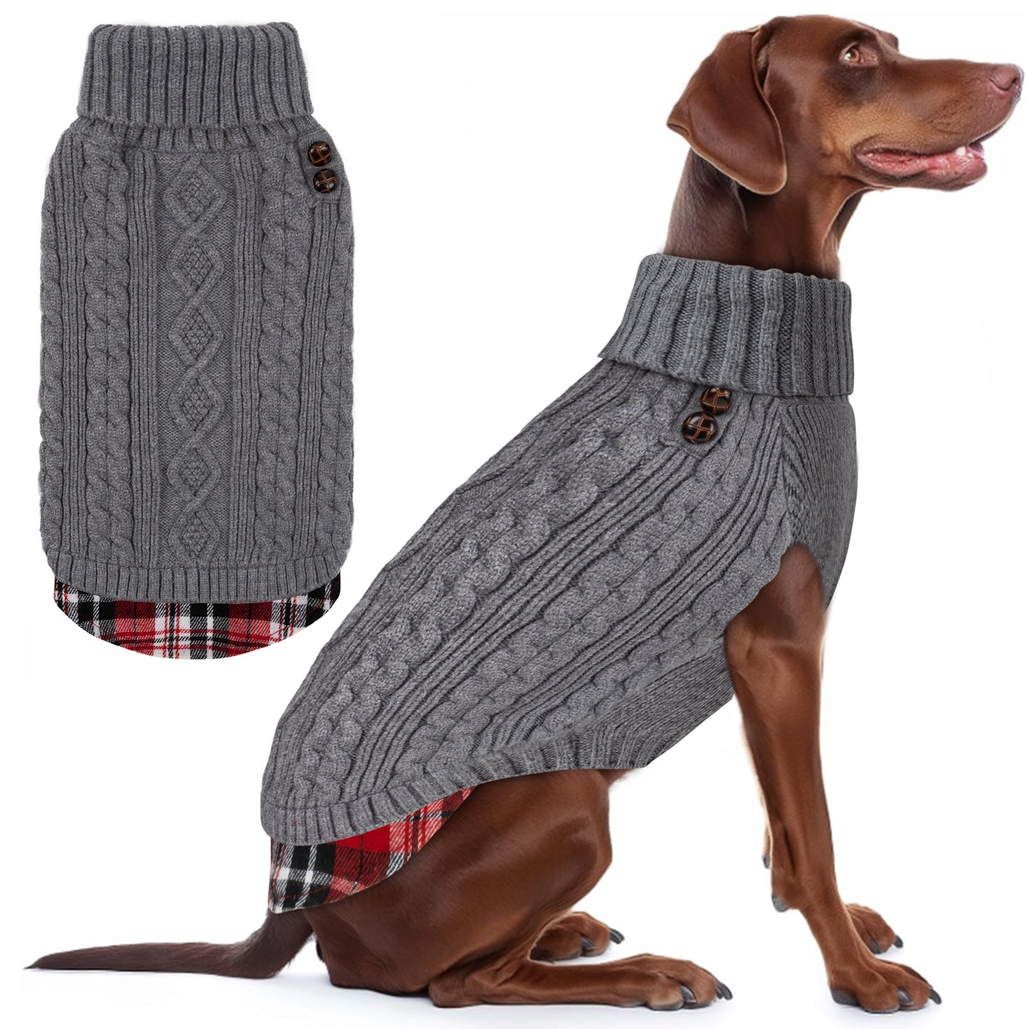 KYEESE Dog Sweater – Turtleneck Dog Sweater with Gingham Patchwork, Stretchy Knitwear Soft Warm