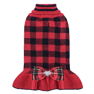 KYEESE Dog Sweater Dress with Leash Hole Checkered Dog Sweaters Turtleneck Dog Apparel with Bowtie