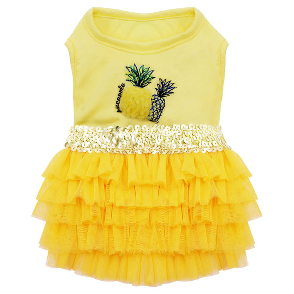 KYEESE Dog Dress Pineapple Yellow Tiered Dogs Beach Dresses with Sequins Cat Dress