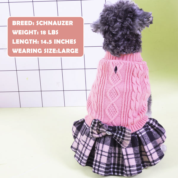 KYEESE Dog Sweater Dress with Leash Hole Plaid with Bowtie Turtleneck Dog Pullover Knitwear Pet Sweater Warm for Fall Winter
