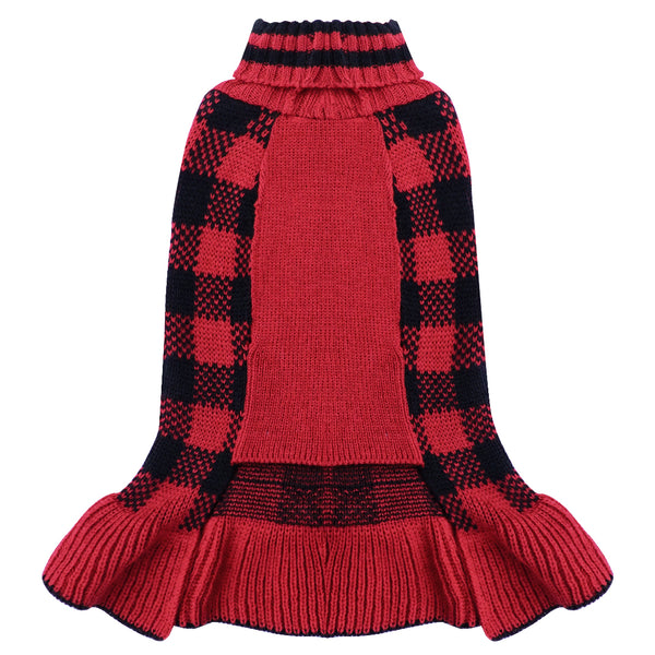 KYEESE Dog Sweater Dress with Leash Hole Checkered Dog Sweaters Turtleneck Dog Apparel with Bowtie