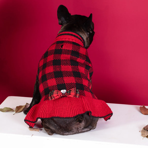 KYEESE Dog Sweater Dress with Leash Hole Checkered Dog Sweaters Turtleneck Dog Apparel with Bowtie