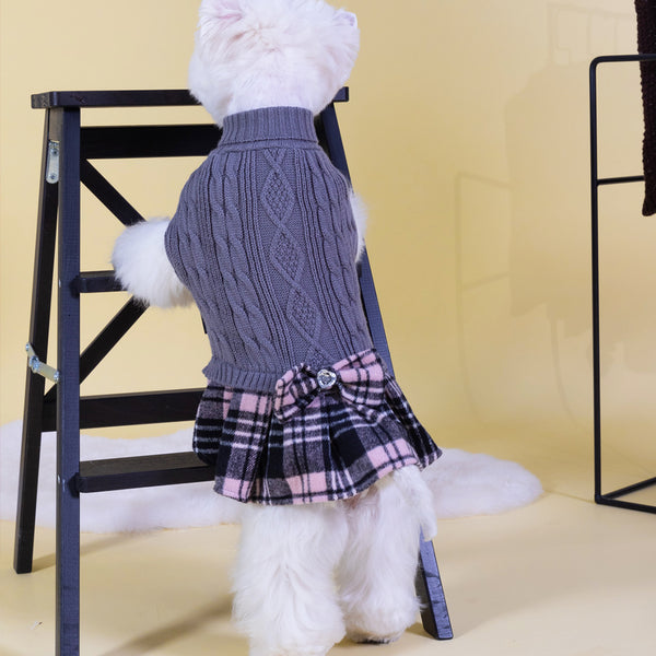 KYEESE Dog Sweater Dress with Leash Hole Plaid with Bowtie Turtleneck Dog Pullover Knitwear Pet Sweater Warm for Fall Winter