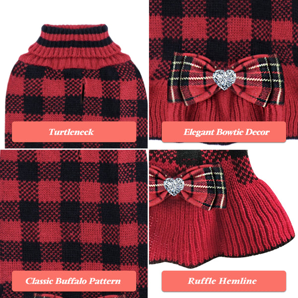 KYEESE Dog Sweater Dress with Leash Hole Checkered Dog Sweaters Turtleneck Dog Apparel with Bowtie