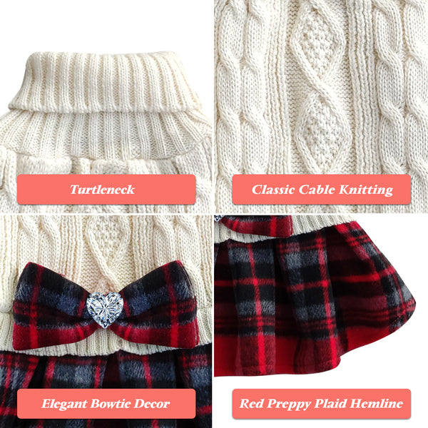 KYEESE Dog Sweater Dress with Leash Hole Plaid with Bowtie Turtleneck Dog Pullover Knitwear Pet Sweater Warm for Fall Winter