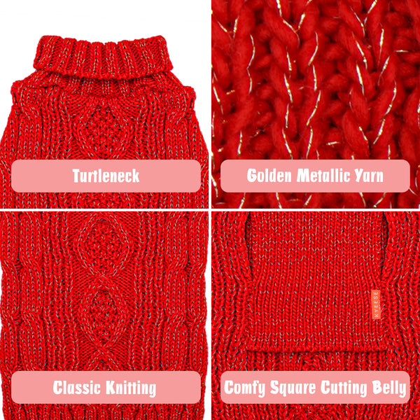 KYEESE Sweaters with Golden Thread Turtleneck Dog Cable Knit Puppy Sweater for Cold Weather