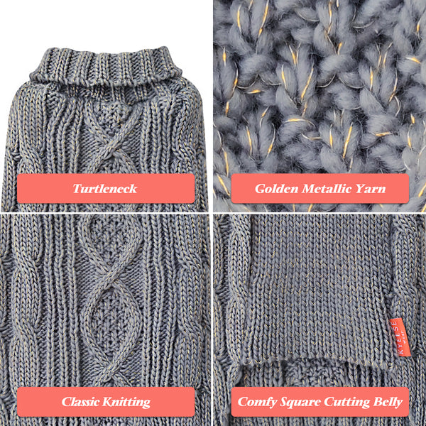 KYEESE Sweaters with Golden Thread Turtleneck Dog Cable Knit Puppy Sweater for Cold Weather