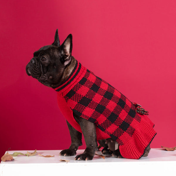KYEESE Dog Sweater Dress with Leash Hole Checkered Dog Sweaters Turtleneck Dog Apparel with Bowtie