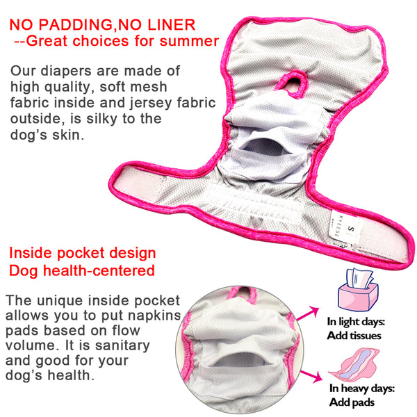 KYEESE Sports Female Dog Diapers Reusable (3 Pack) Breathable Dog Panties Wraps Washable with Inside Pocket Fashion Colors