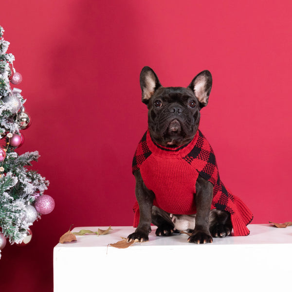 KYEESE Dog Sweater Dress with Leash Hole Checkered Dog Sweaters Turtleneck Dog Apparel with Bowtie