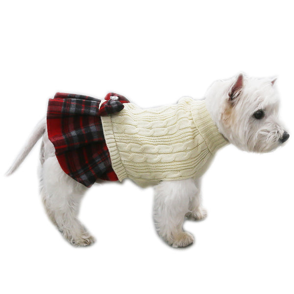 KYEESE Dog Sweater Dress with Leash Hole Plaid with Bowtie Turtleneck Dog Pullover Knitwear Pet Sweater Warm for Fall Winter